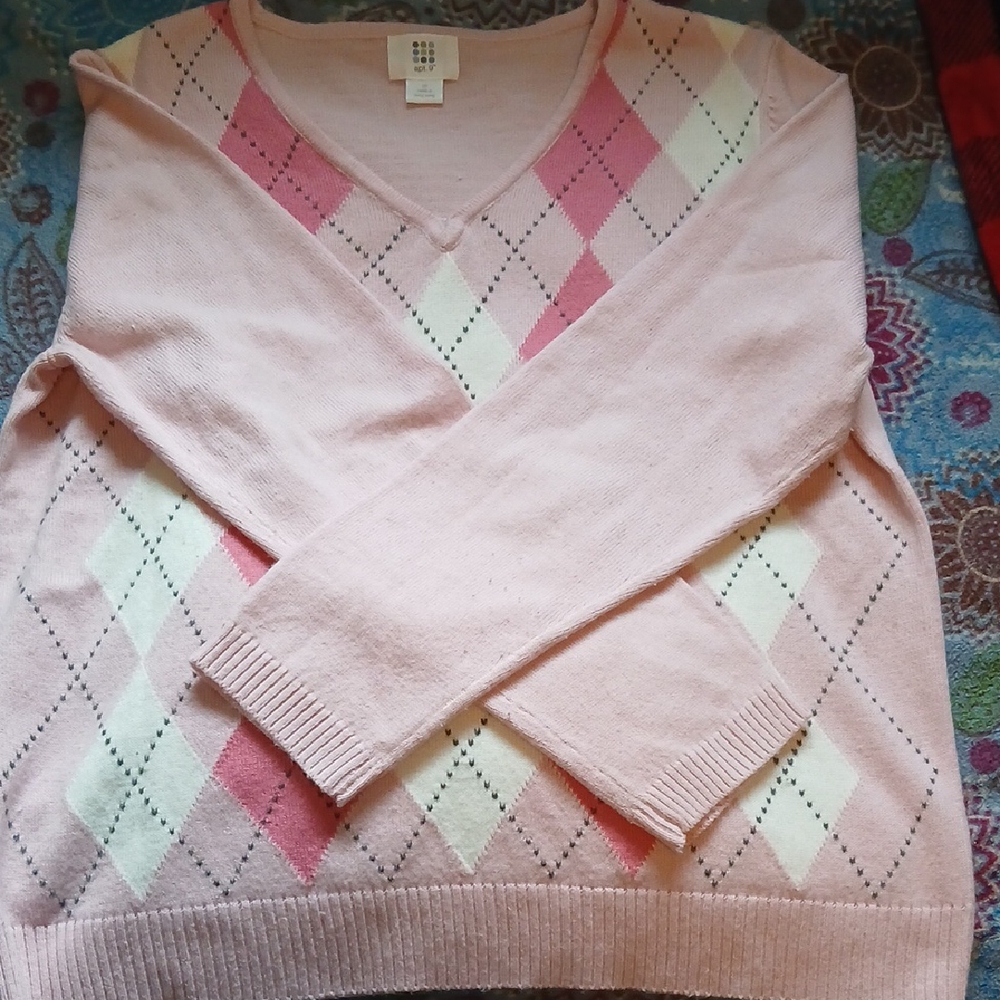 Pink Argyle V-Neck Sweater